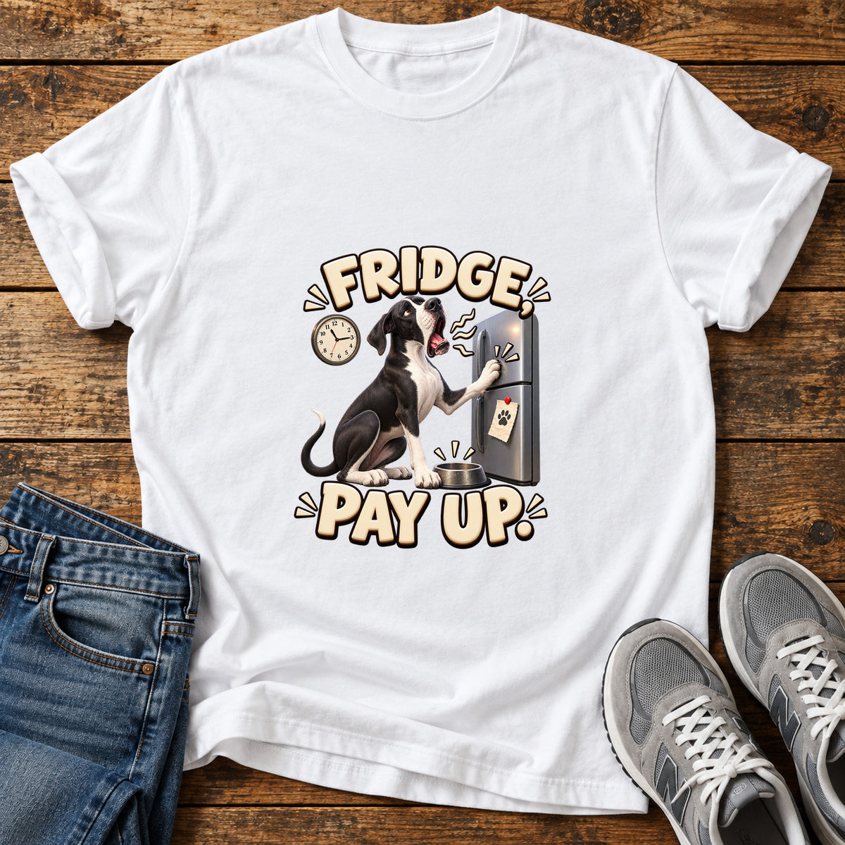 Fridge Pay Up Great Dane graphic T-shirt in White, shown on a flat-lay shirt mockup