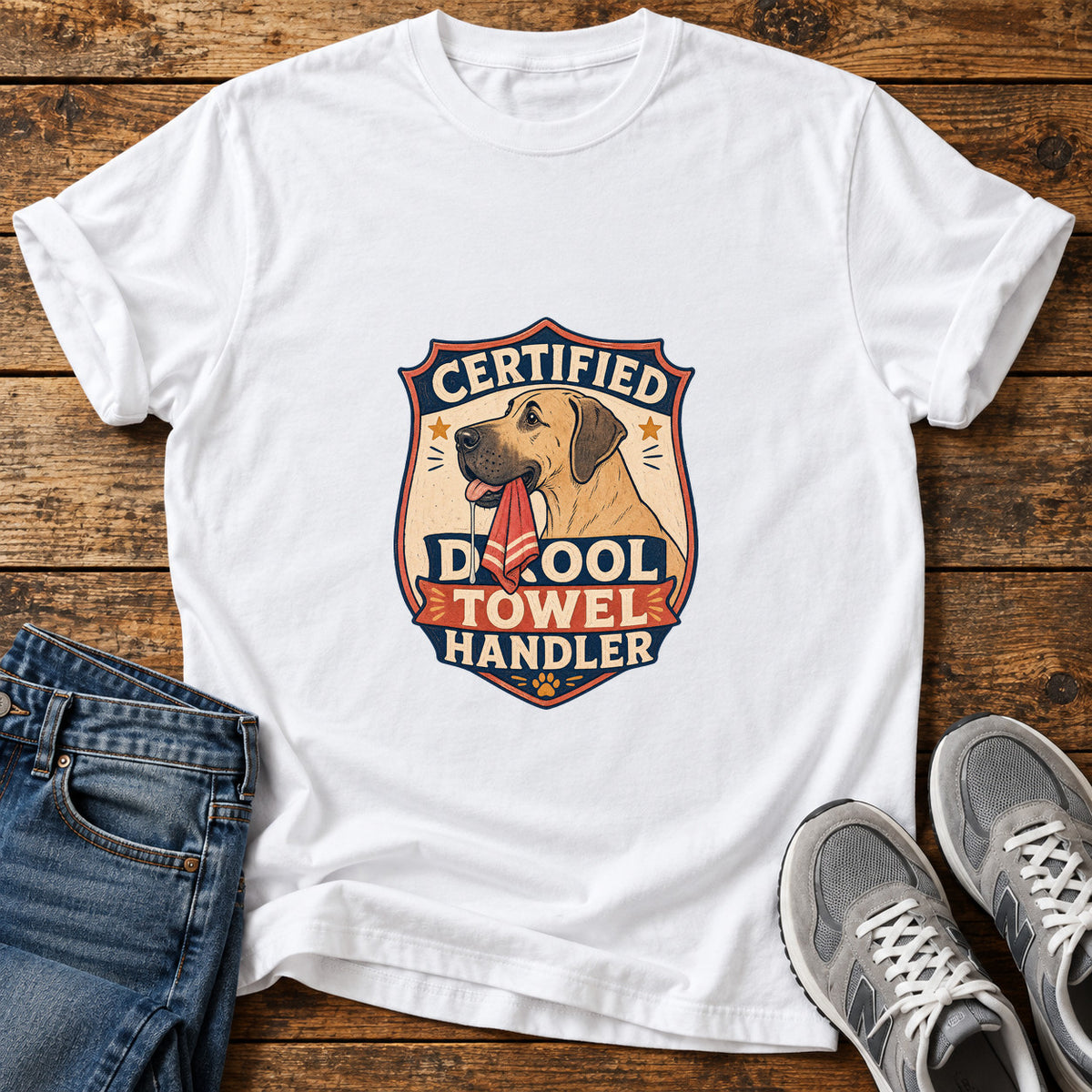 Certified Drool Handler Great Dane graphic T-shirt in White, shown on a flat-lay shirt mockup