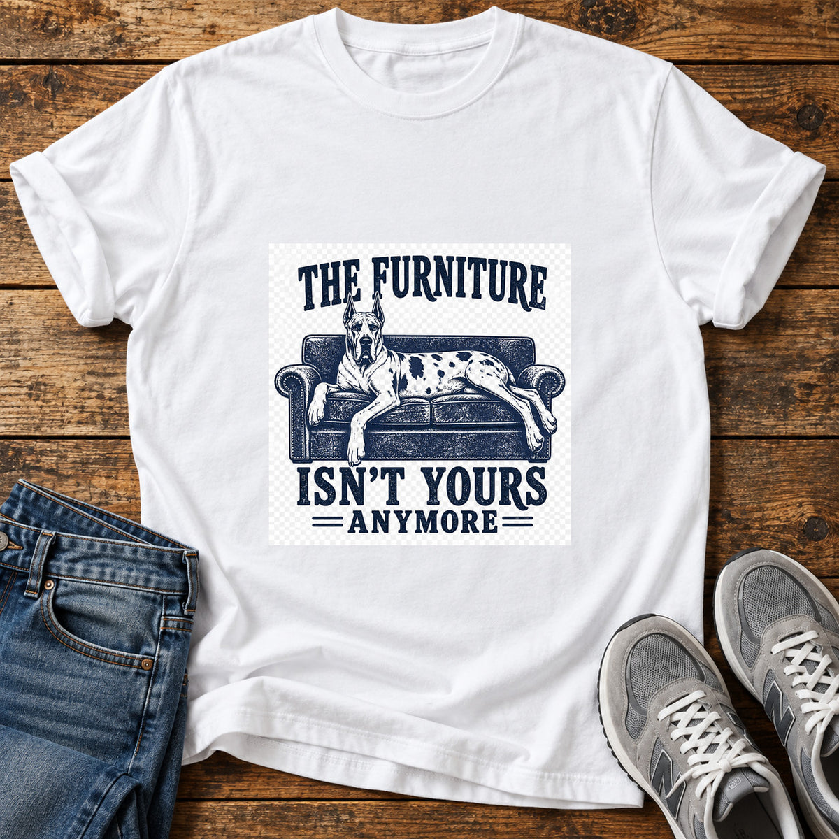 Furniture Takeover Great Dane graphic T-shirt in White, shown on a flat-lay shirt mockup
