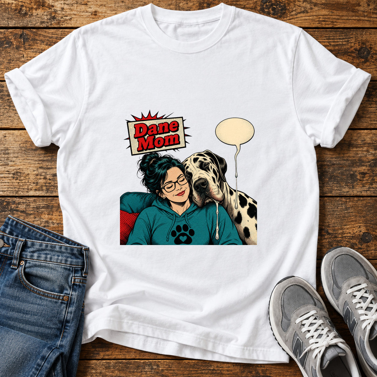 Dane Mom Great Dane graphic T-shirt in White, shown on a flat-lay shirt mockup