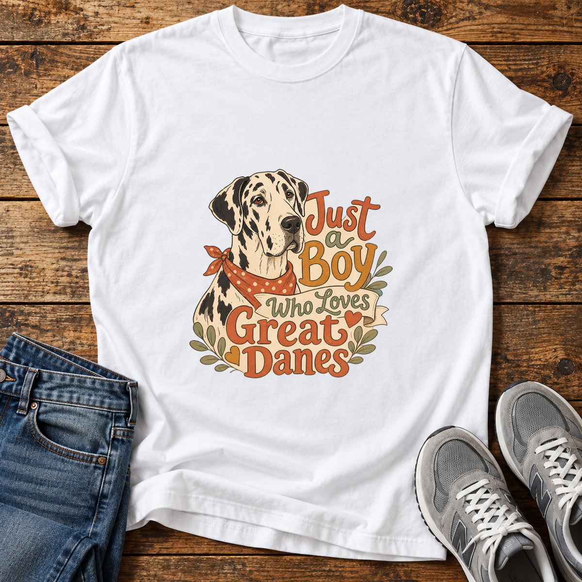Just a Boy Great Dane graphic T-shirt in White, shown on a flat-lay shirt mockup