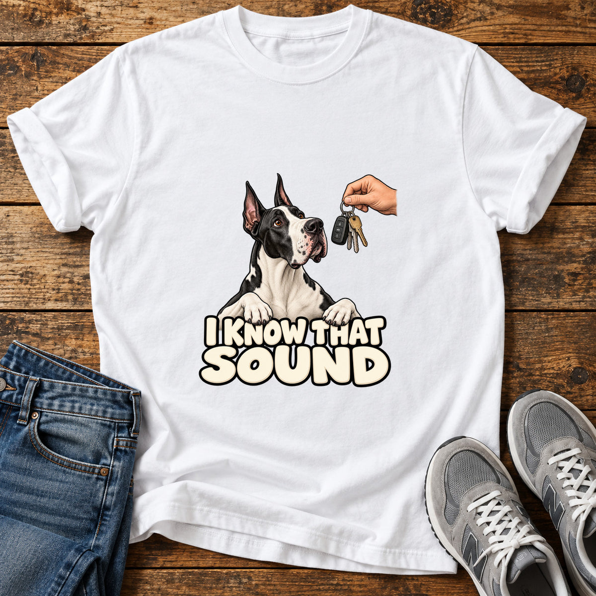 I Know Sound Great Dane graphic T-shirt in White, shown on a flat-lay shirt mockup