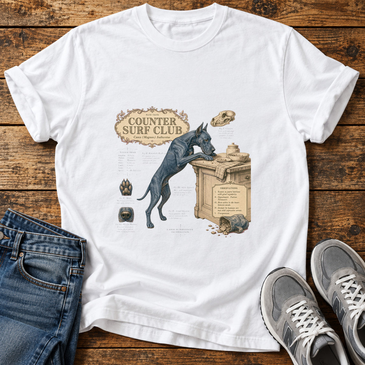 Counter Surf Club Great Dane graphic T-shirt in White, shown on a flat-lay shirt mockup