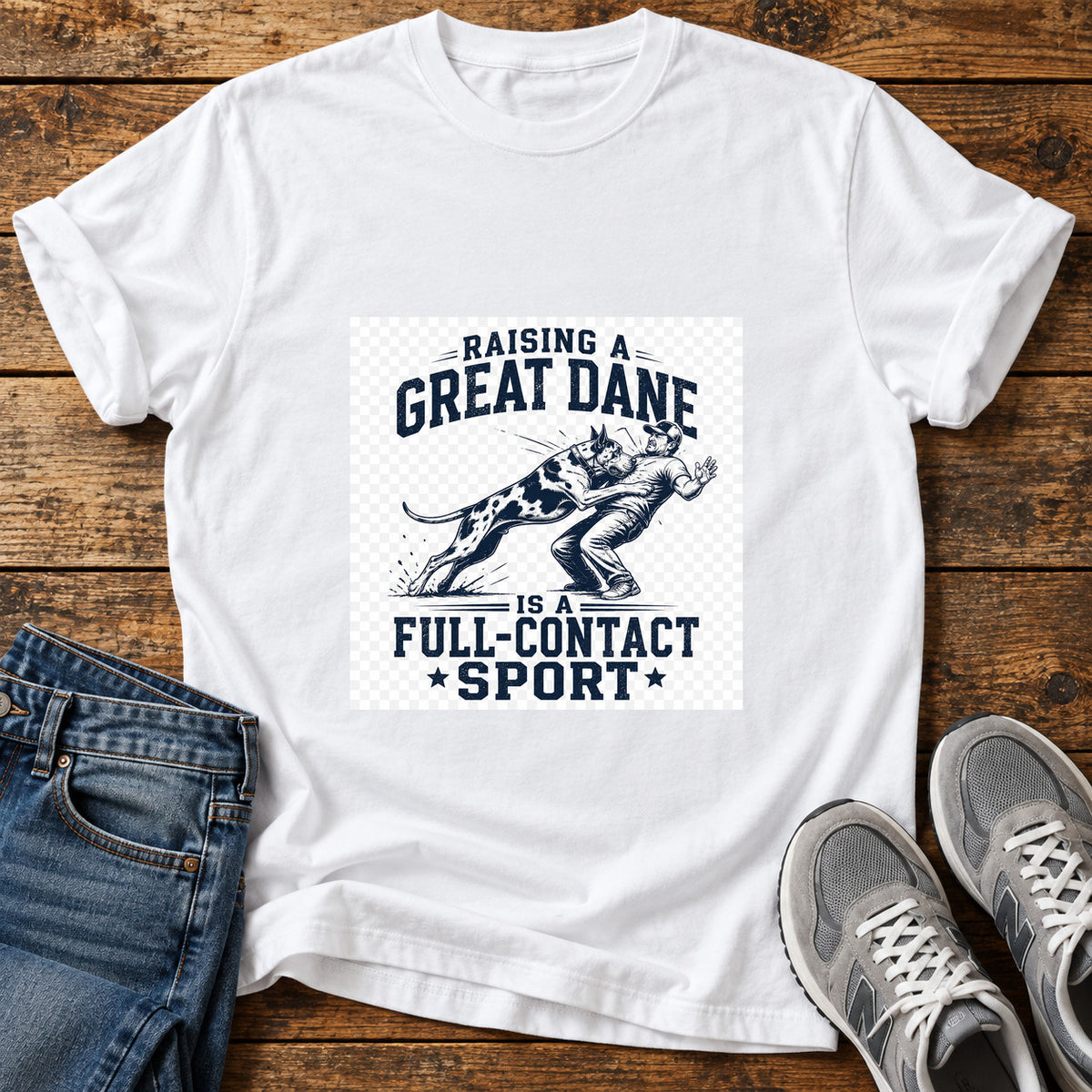 Great Dane Sport graphic T-shirt in White, shown on a flat-lay shirt mockup
