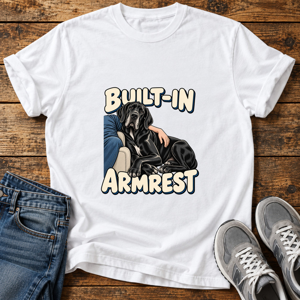 Built-In Armrest Great Dane graphic T-shirt in White, shown on a flat-lay shirt mockup