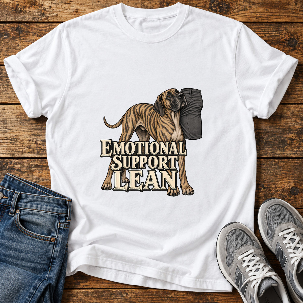 Emotional Support Lean Great Dane graphic T-shirt in White, shown on a flat-lay shirt mockup
