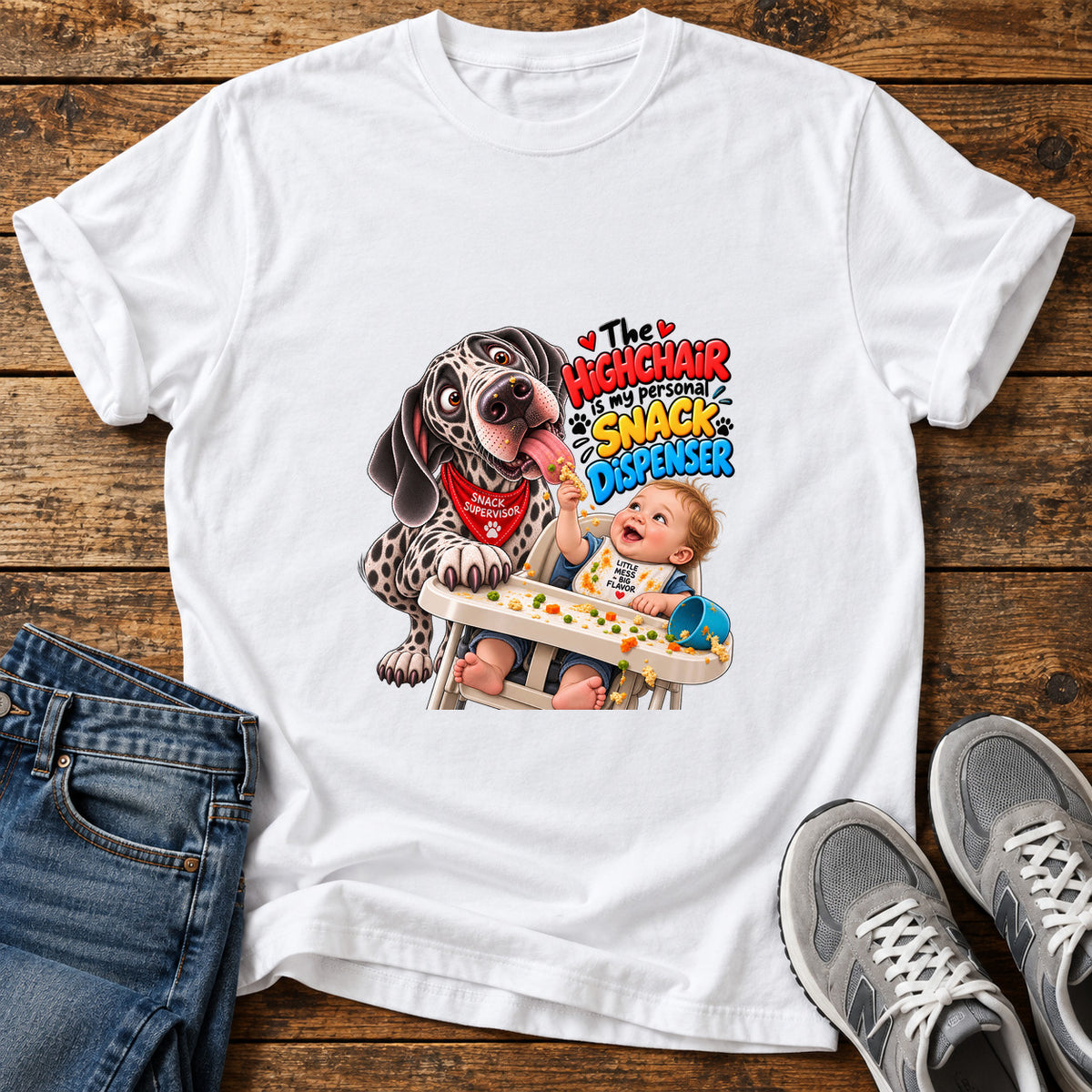Highchair Snacktime Great Dane graphic T-shirt in White, shown on a flat-lay shirt mockup