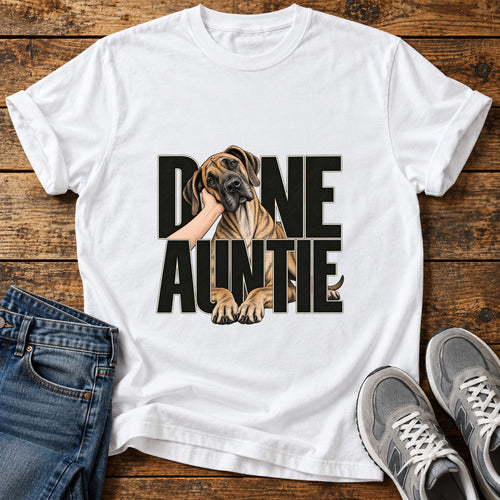 Done Auntie Great Dane graphic T-shirt in White, shown on a flat-lay shirt mockup