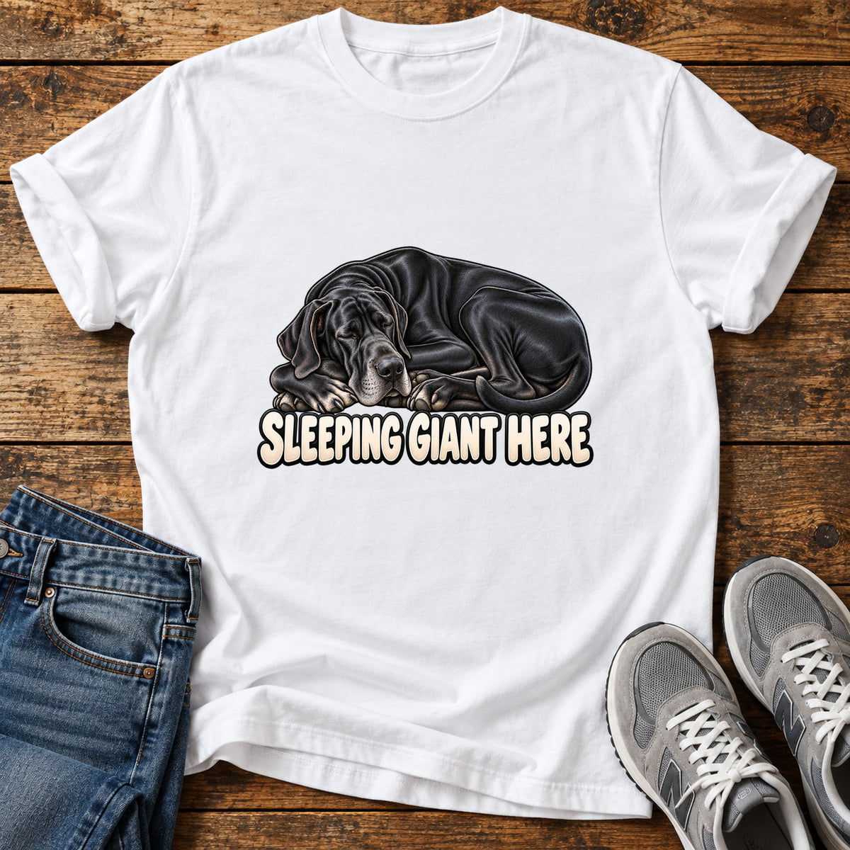 Sleeping Giant Great Dane graphic T-shirt in White, shown on a flat-lay shirt mockup