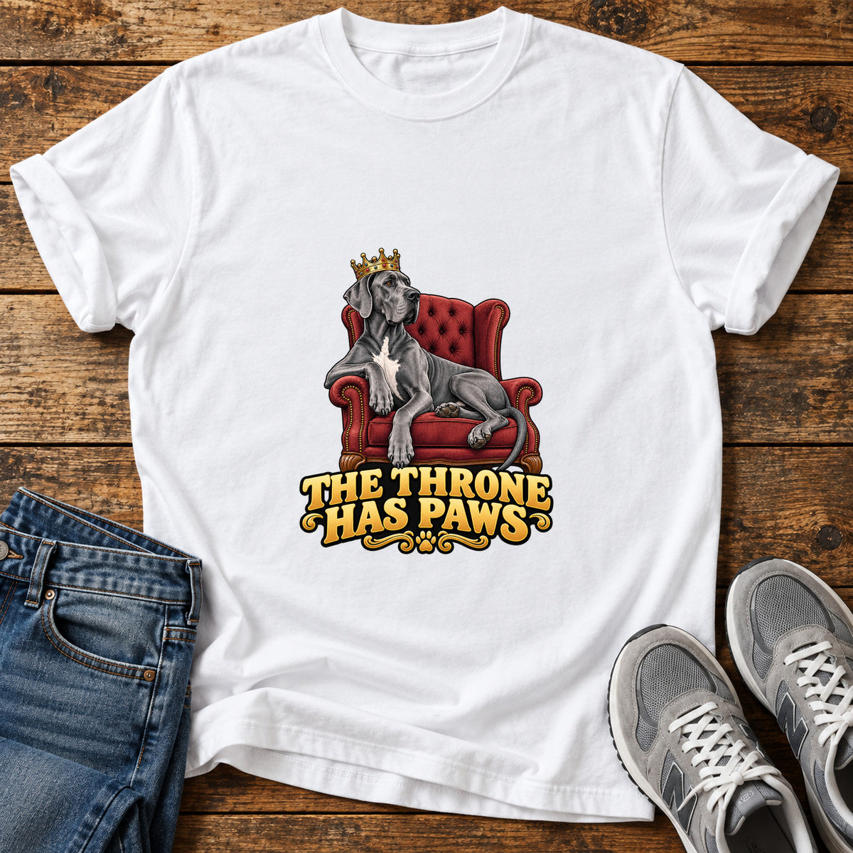 Throne Paws Majesty Great Dane graphic T-shirt in White, shown on a flat-lay shirt mockup