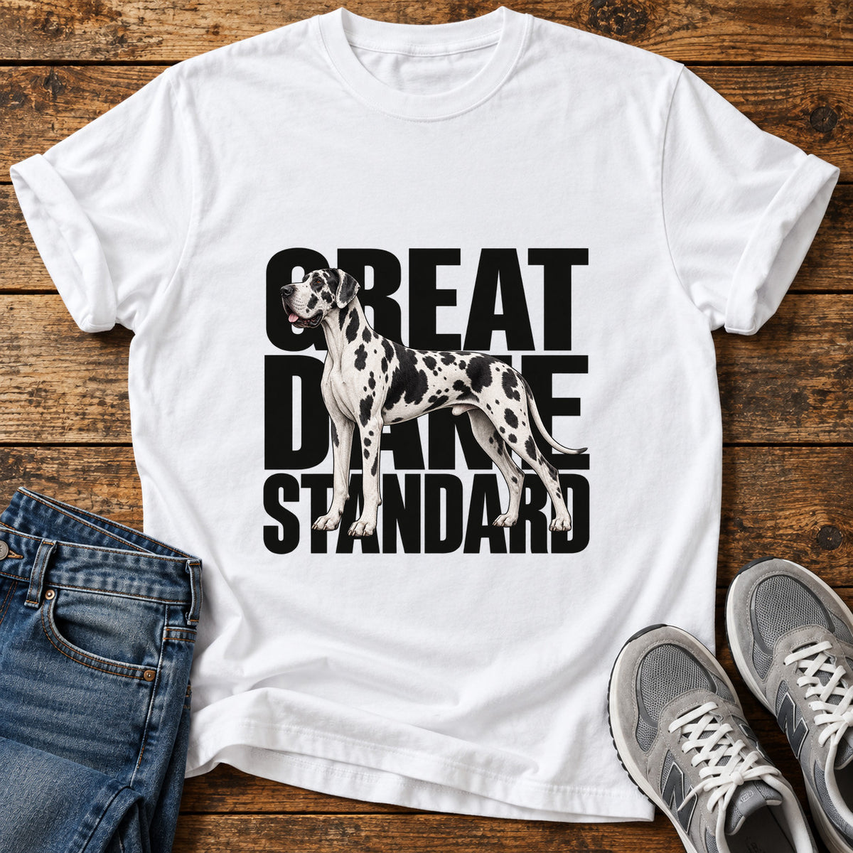 Great Dane Standard graphic T-shirt in White, shown on a flat-lay shirt mockup