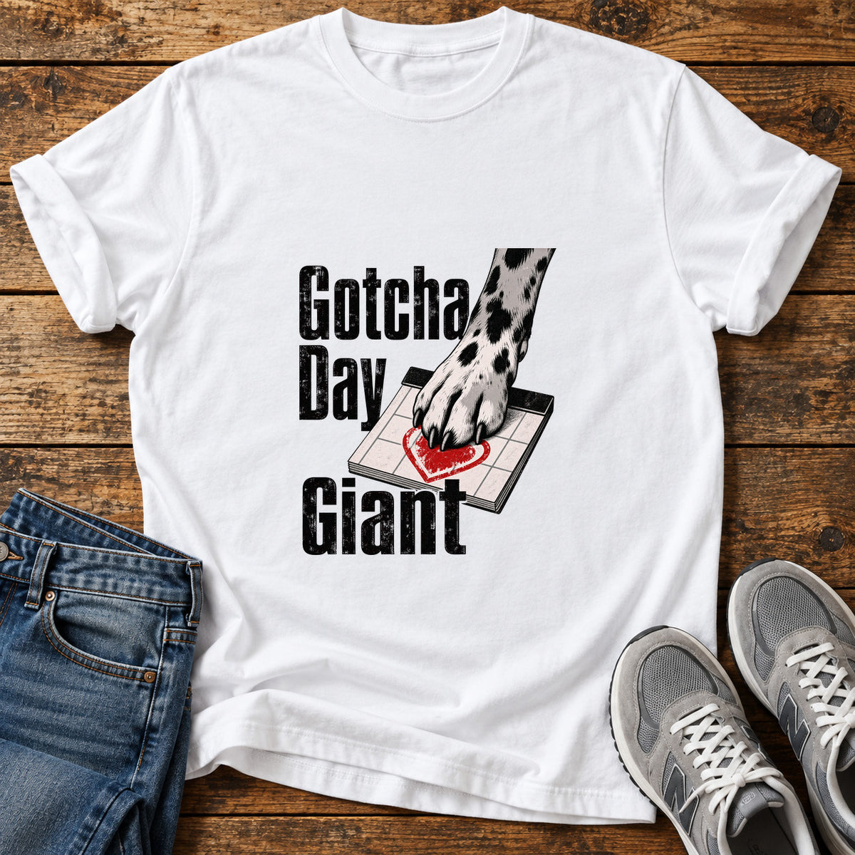 Gotcha Day Giant Great Dane graphic T-shirt in White, shown on a flat-lay shirt mockup