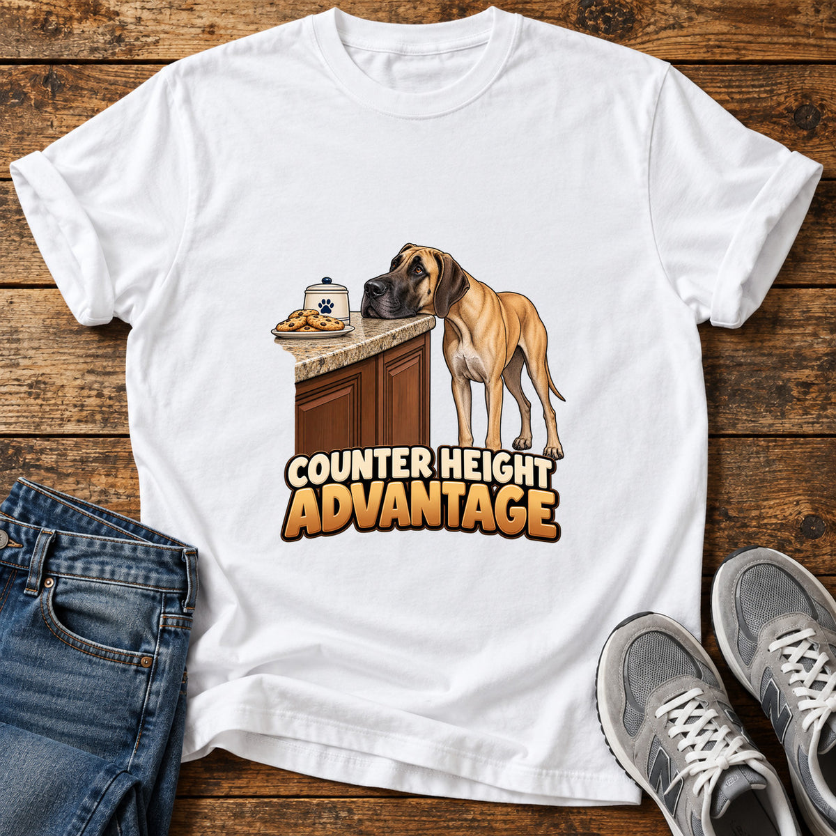 Counter Height Advantage Great Dane graphic T-shirt in White, shown on a flat-lay shirt mockup