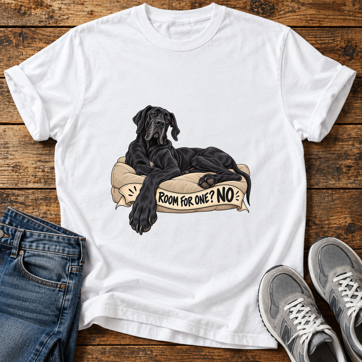 Room For One Great Dane graphic T-shirt in White, shown on a flat-lay shirt mockup