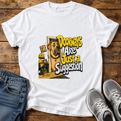 Doorway Suggestion Great Dane graphic T-shirt in White, shown on a flat-lay shirt mockup