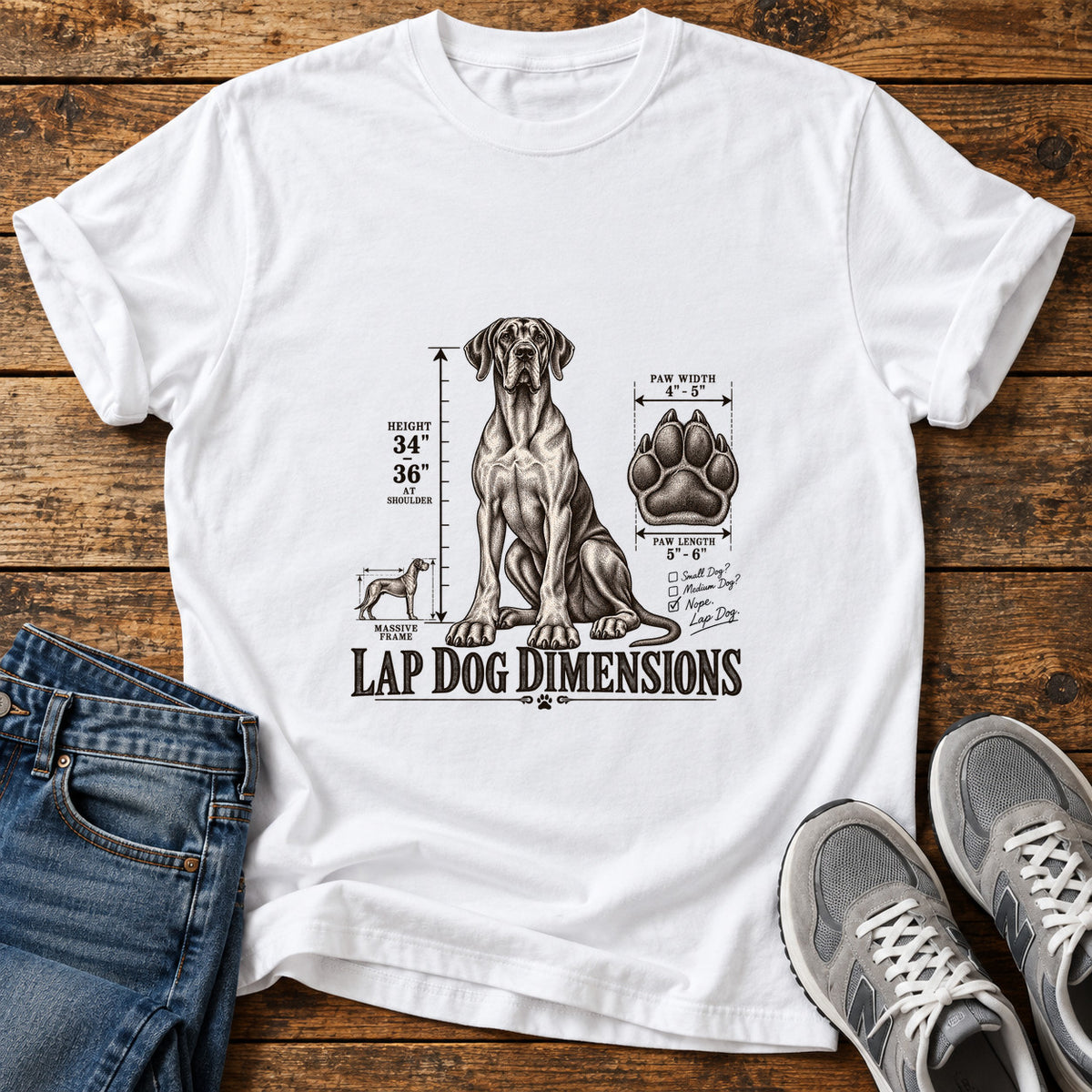 Lap Dog Dimensions Great Dane graphic T-shirt in White, shown on a flat-lay shirt mockup