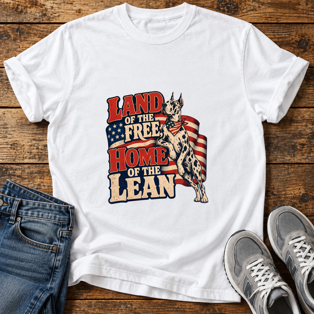 Land Of Lean Great Dane graphic T-shirt in White, shown on a flat-lay shirt mockup