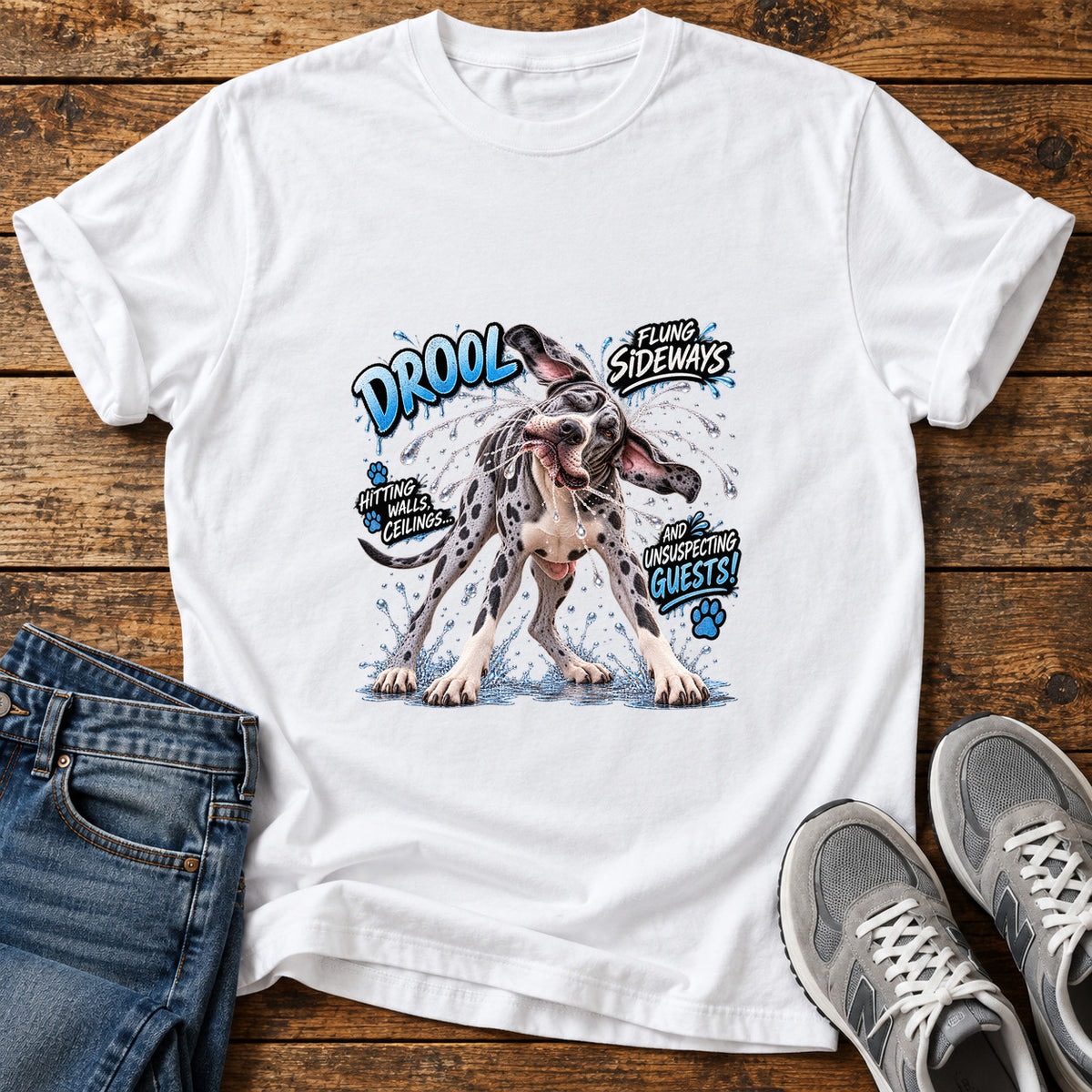 Drool Sideways Great Dane graphic T-shirt in White, shown on a flat-lay shirt mockup