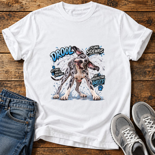 Drool Sideways Great Dane graphic T-shirt in White, shown on a flat-lay shirt mockup