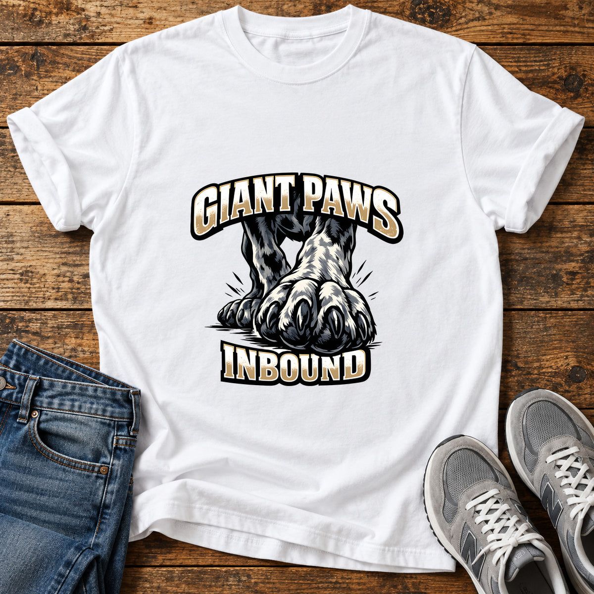Giant Paws Inbound Great Dane graphic T-shirt in White, shown on a flat-lay shirt mockup