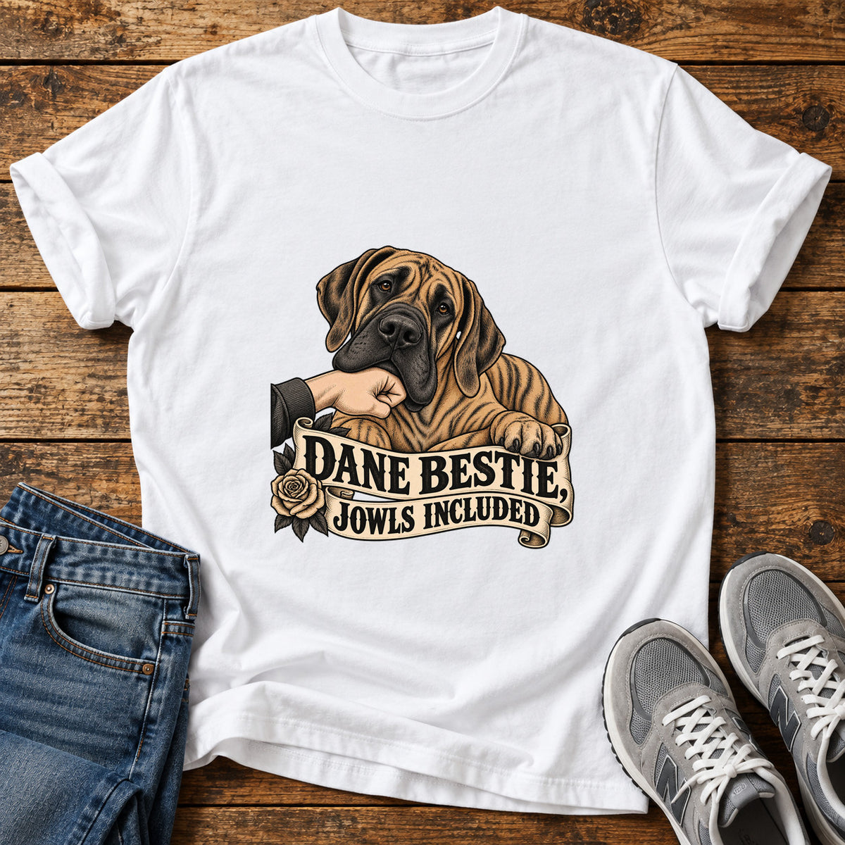 Dane Bestie Jowls Great Dane graphic T-shirt in White, shown on a flat-lay shirt mockup