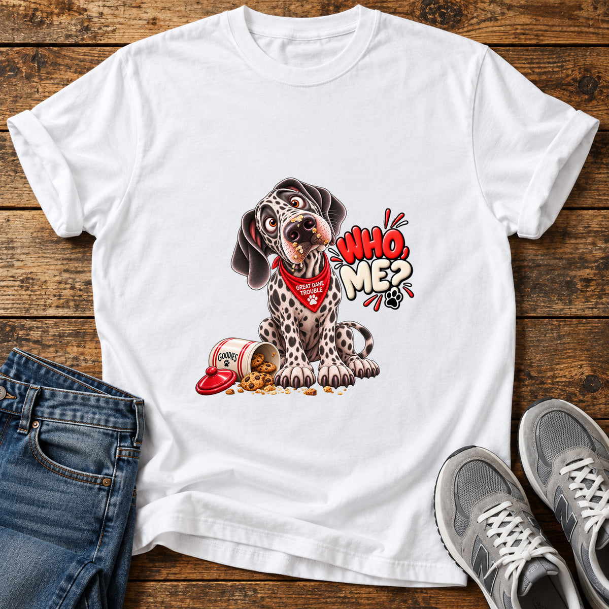 Who Me Great Dane graphic T-shirt in White, shown on a flat-lay shirt mockup