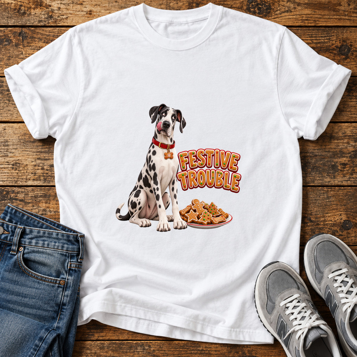 Festive Trouble Great Dane graphic T-shirt in White, shown on a flat-lay shirt mockup