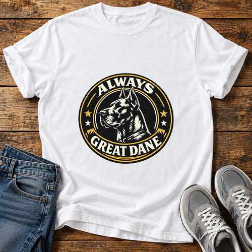 Always Great Dane graphic T-shirt in White, shown on a flat-lay shirt mockup