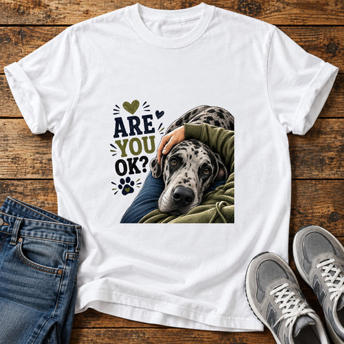 Are You OK Great Dane graphic T-shirt in White, shown on a flat-lay shirt mockup