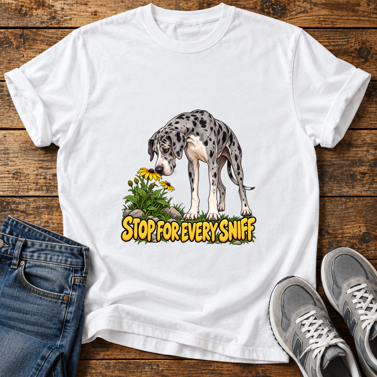 Stop Sniffing Time Great Dane graphic T-shirt in White, shown on a flat-lay shirt mockup