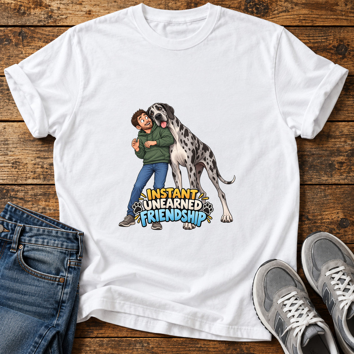 Instant Friendship Great Dane graphic T-shirt in White, shown on a flat-lay shirt mockup