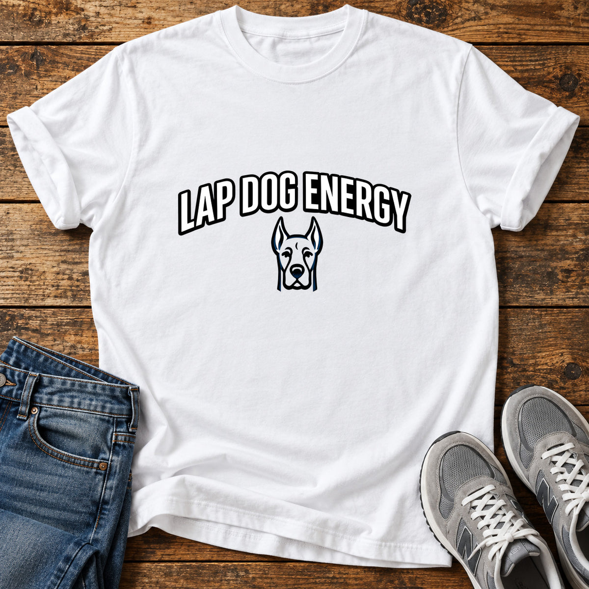 Lap Dog Energy Great Dane graphic T-shirt in White, shown on a flat-lay shirt mockup