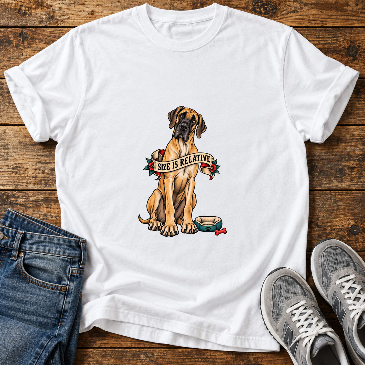 Size Is Relative Great Dane graphic T-shirt in White, shown on a flat-lay shirt mockup