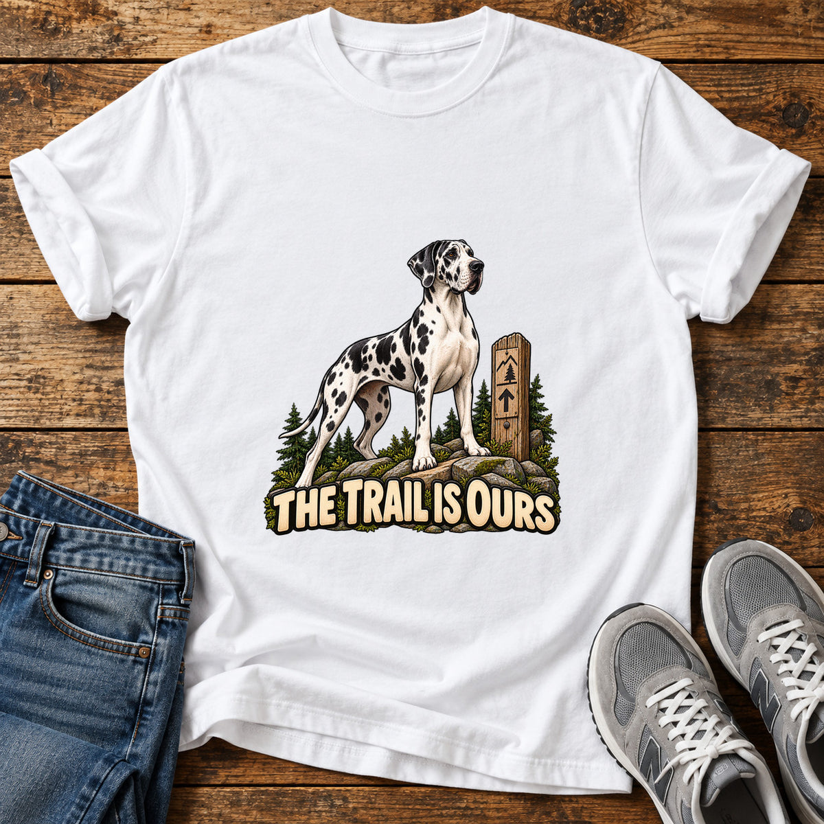 Trail Is Ours Great Dane graphic T-shirt in White, shown on a flat-lay shirt mockup