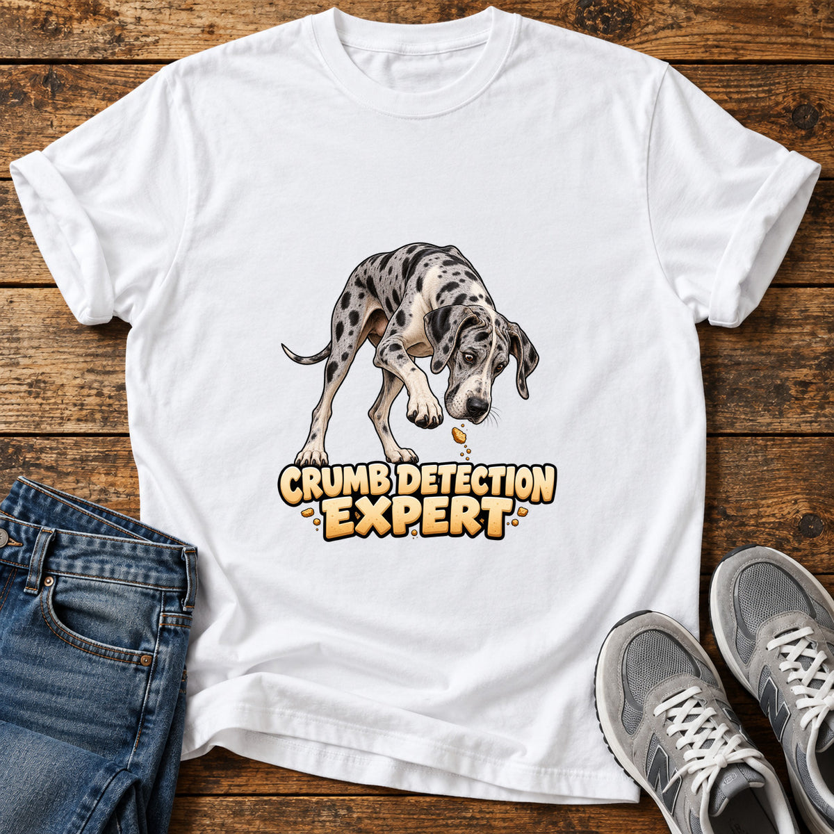 Crumb Detection Expert Great Dane graphic T-shirt in White, shown on a flat-lay shirt mockup