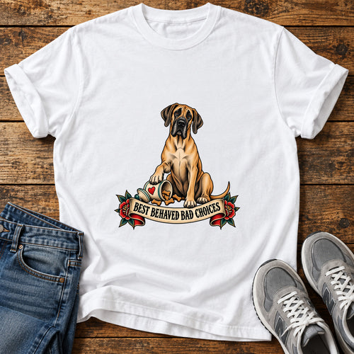 Bad Choices Pooch Great Dane graphic T-shirt in White, shown on a flat-lay shirt mockup