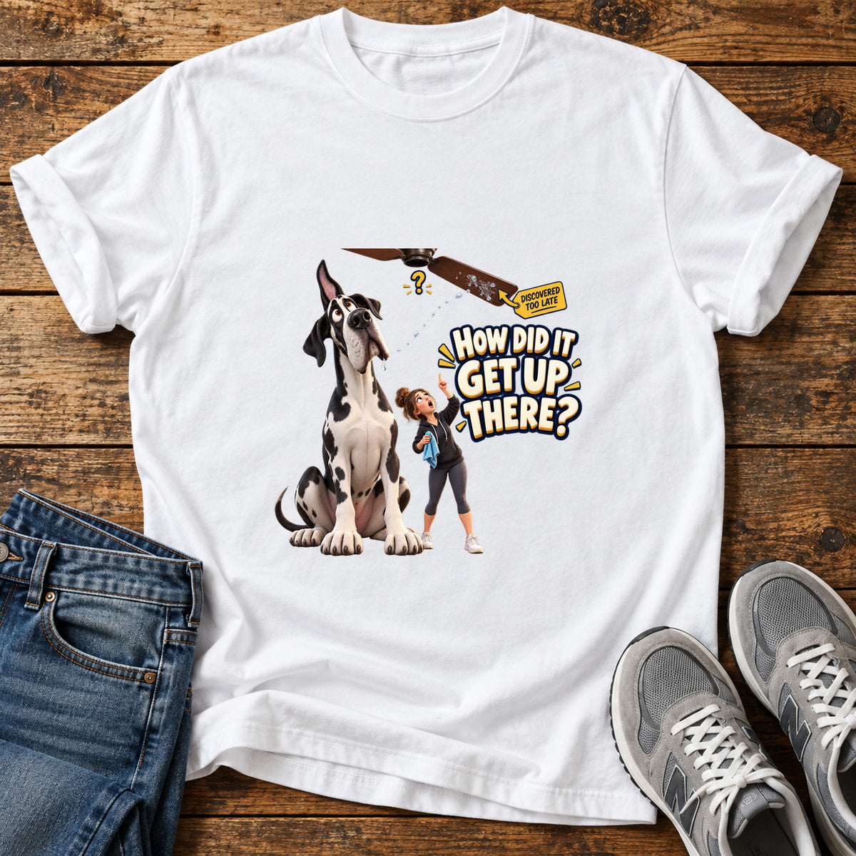 How Did It Great Dane graphic T-shirt in White, shown on a flat-lay shirt mockup
