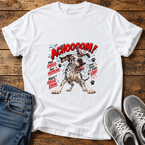Achoo Hurricane Great Dane graphic T-shirt in White, shown on a flat-lay shirt mockup