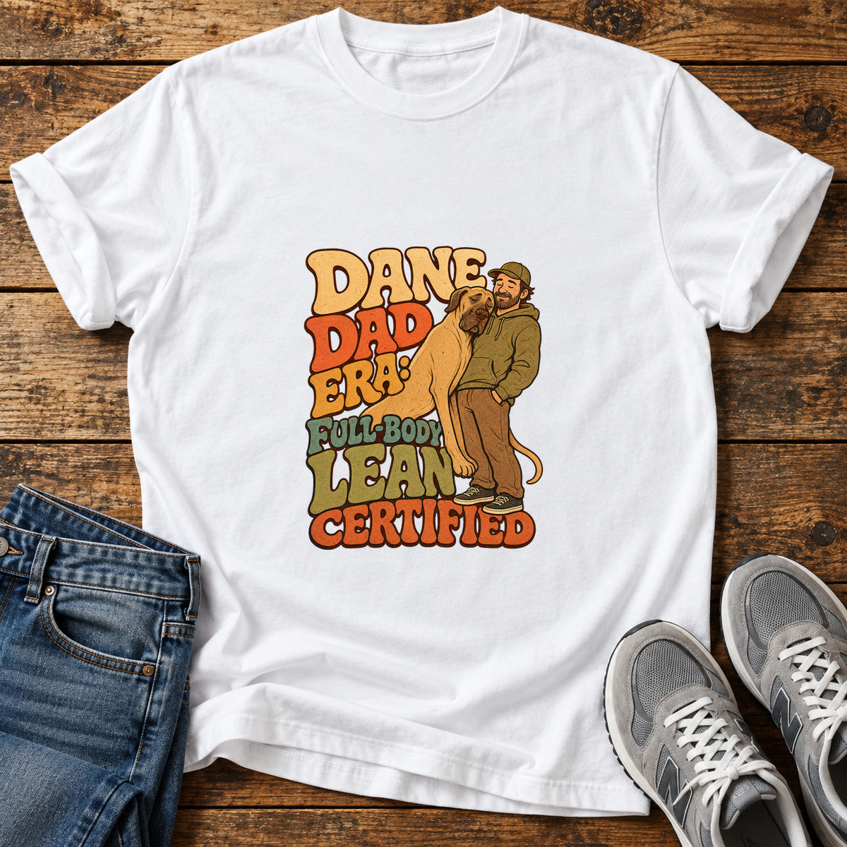 Dane Dad Certified Great Dane graphic T-shirt in White, shown on a flat-lay shirt mockup