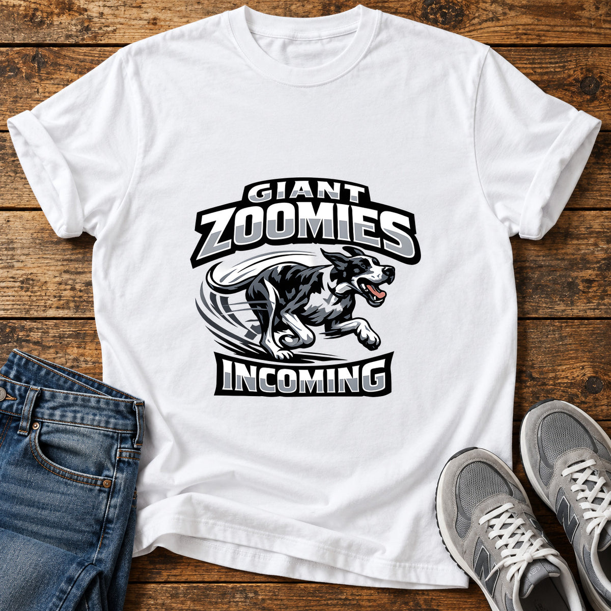 Giant Zoomies Great Dane graphic T-shirt in White, shown on a flat-lay shirt mockup