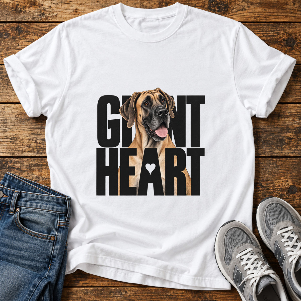 Giant Heart Great Dane graphic T-shirt in White, shown on a flat-lay shirt mockup