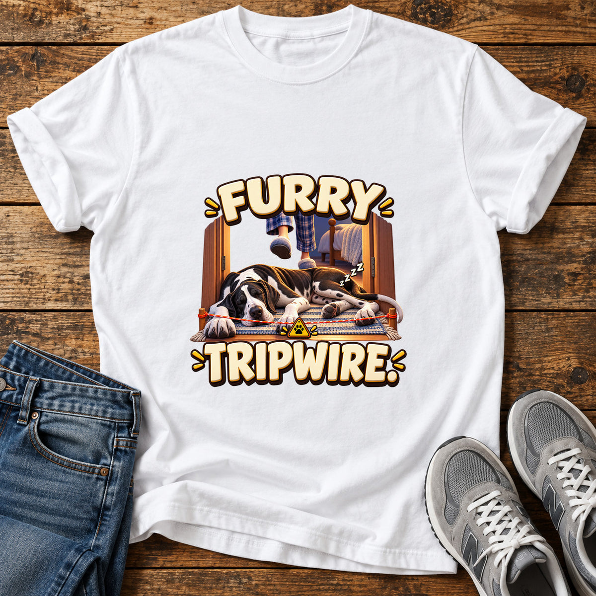 Furry Tripwire Great Dane graphic T-shirt in White, shown on a flat-lay shirt mockup