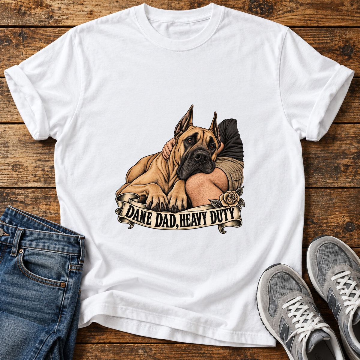 Dane Dad Duty Great Dane graphic T-shirt in White, shown on a flat-lay shirt mockup