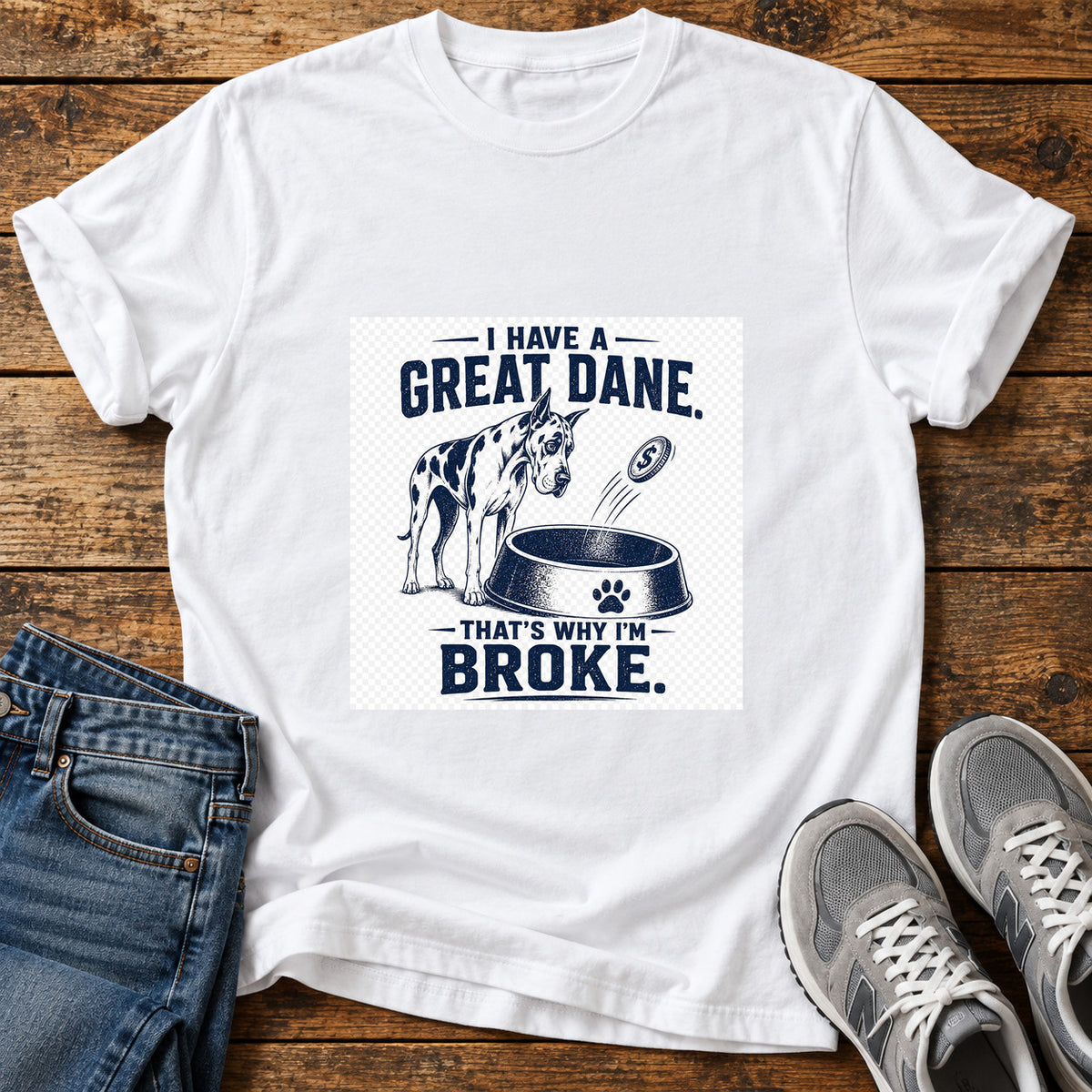 Great Dane Broke graphic T-shirt in White, shown on a flat-lay shirt mockup