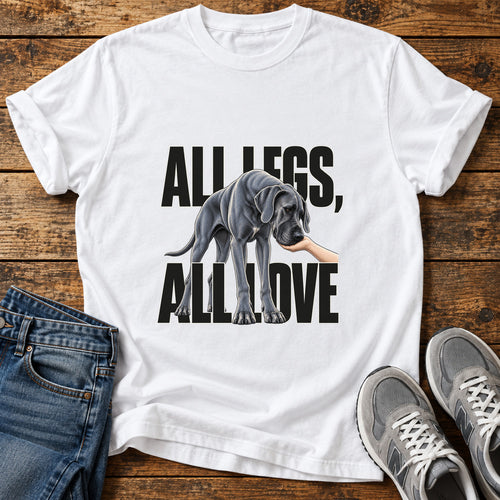 All Legs Love Great Dane graphic T-shirt in White, shown on a flat-lay shirt mockup