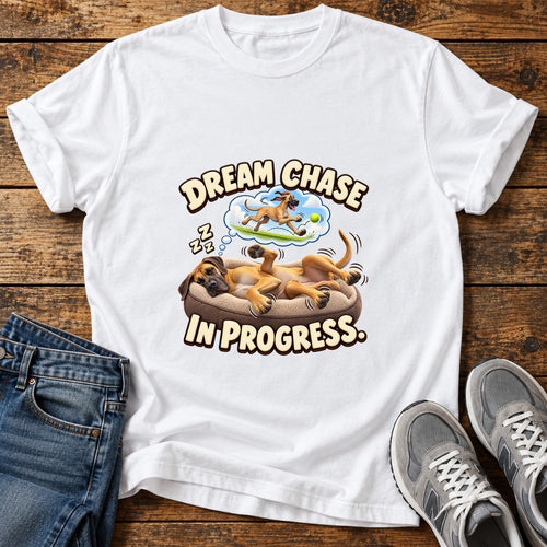 Dream Chase Progress Great Dane graphic T-shirt in White, shown on a flat-lay shirt mockup