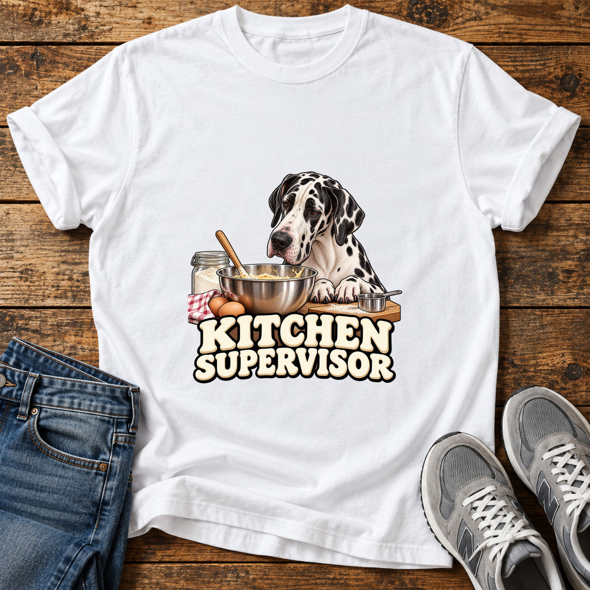 Kitchen Supervisor Great Dane graphic T-shirt in White, shown on a flat-lay shirt mockup