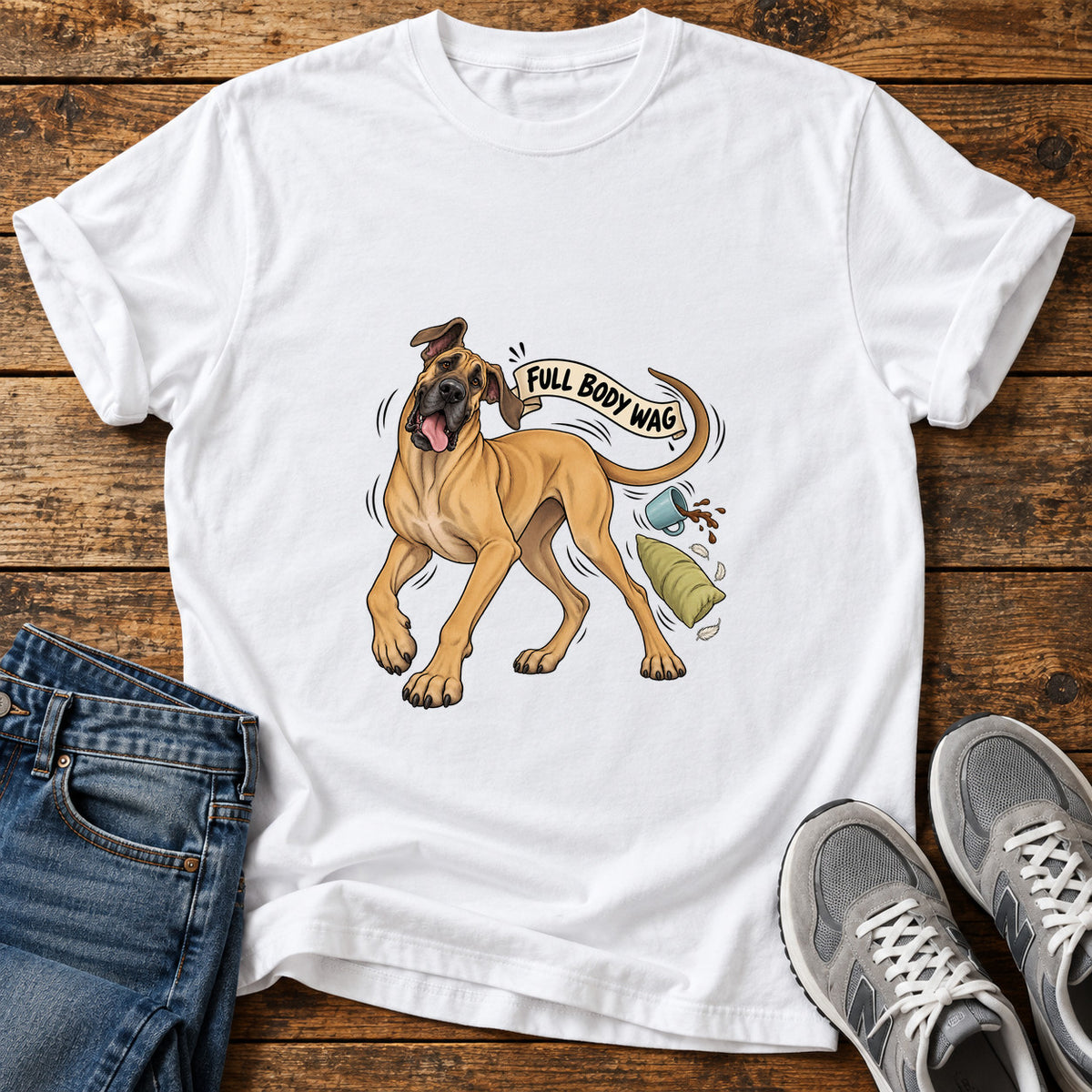 Full Body Wag Great Dane graphic T-shirt in White, shown on a flat-lay shirt mockup
