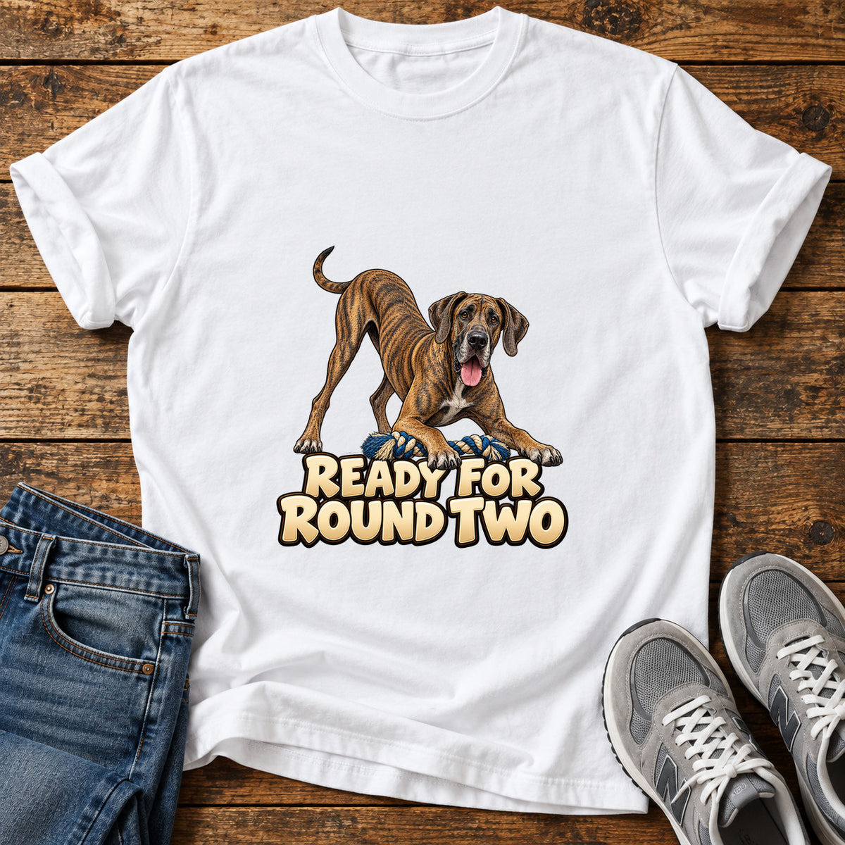 Ready For Round Great Dane graphic T-shirt in White, shown on a flat-lay shirt mockup