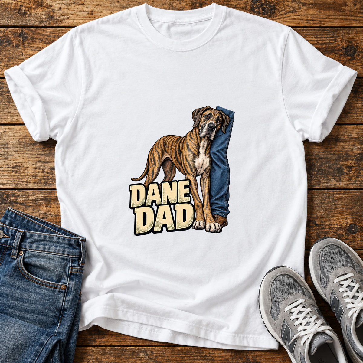 Dane Dad Great Dane graphic T-shirt in White, shown on a flat-lay shirt mockup